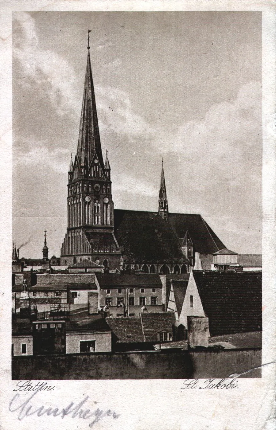 Archiwalna fotografia kościoła św. Jakuba w Szczecinie z 1922 roku, z widoczną gotycką wieżą (dawny Stettin)