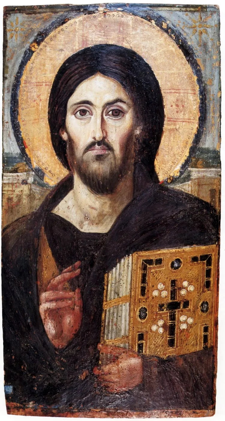 Ikona Chrystusa Pantokratora z klasztoru św. Katarzyny na Synaju (VI w.): Chrystus ze złotym nimbem błogosławi prawą ręką, w lewej trzyma księgę Ewangelii