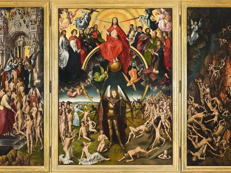 Tryptyk „Sąd Ostateczny” Hansa Memlinga: w środku Chrystus na tęczy, pod nim archanioł w zbroi, po bokach tłum nagich postaci i płomienie