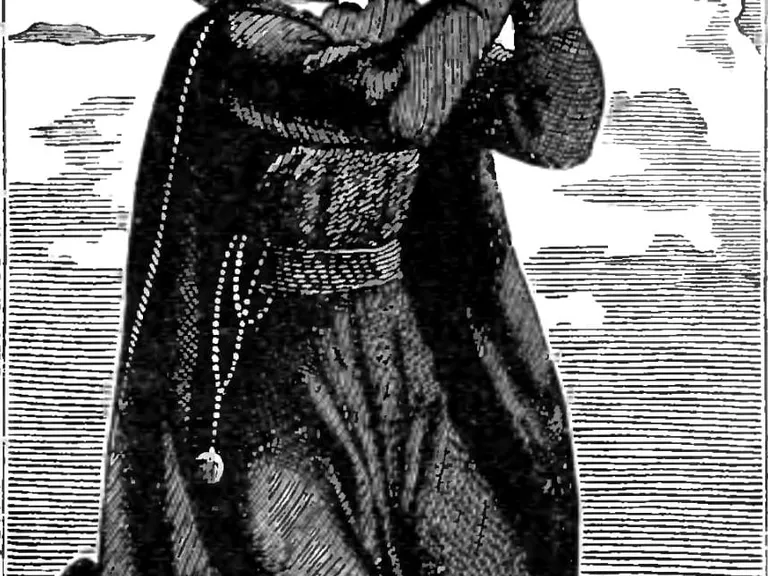 Rycina z 1910 roku przedstawiająca świętego Andrzeja Bobolę klęczącego w modlitwie: jezuita w ciemnym habicie z różańcem i nimbem wokół głowy, z rękami złożonymi i wzrokiem wzniesionym ku górze, u jego stóp leży gałązka palmy męczennika