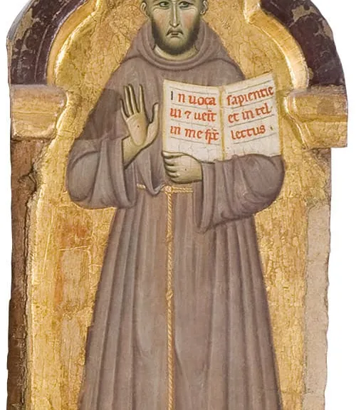 Trzynastowieczny obraz św. Antoniego z Padwy w habicie franciszkańskim, z otwartą księgą — dzieło Mistrza św. Franciszka, ok. 1272