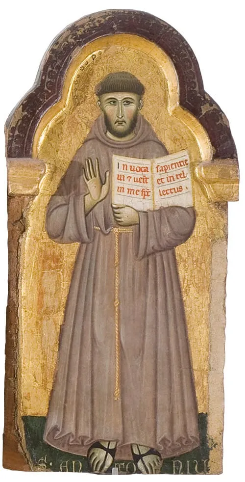 Trzynastowieczny obraz św. Antoniego z Padwy w habicie franciszkańskim, z otwartą księgą — dzieło Mistrza św. Franciszka, ok. 1272