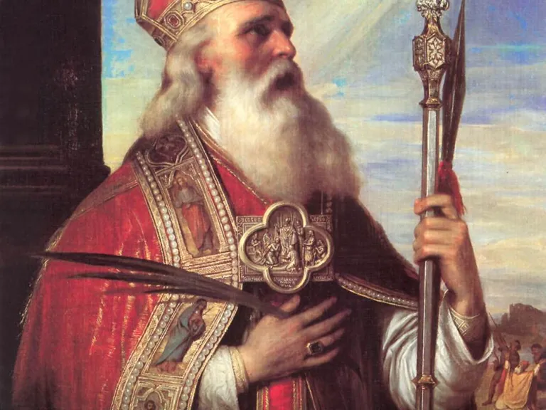 Obraz przedstawiający brodatego biskupa w czerwonych szatach i infule, z ręką na piersi, trzymającego pastorał, włócznie i gałązkę palmową; w tle małe postacie napastników