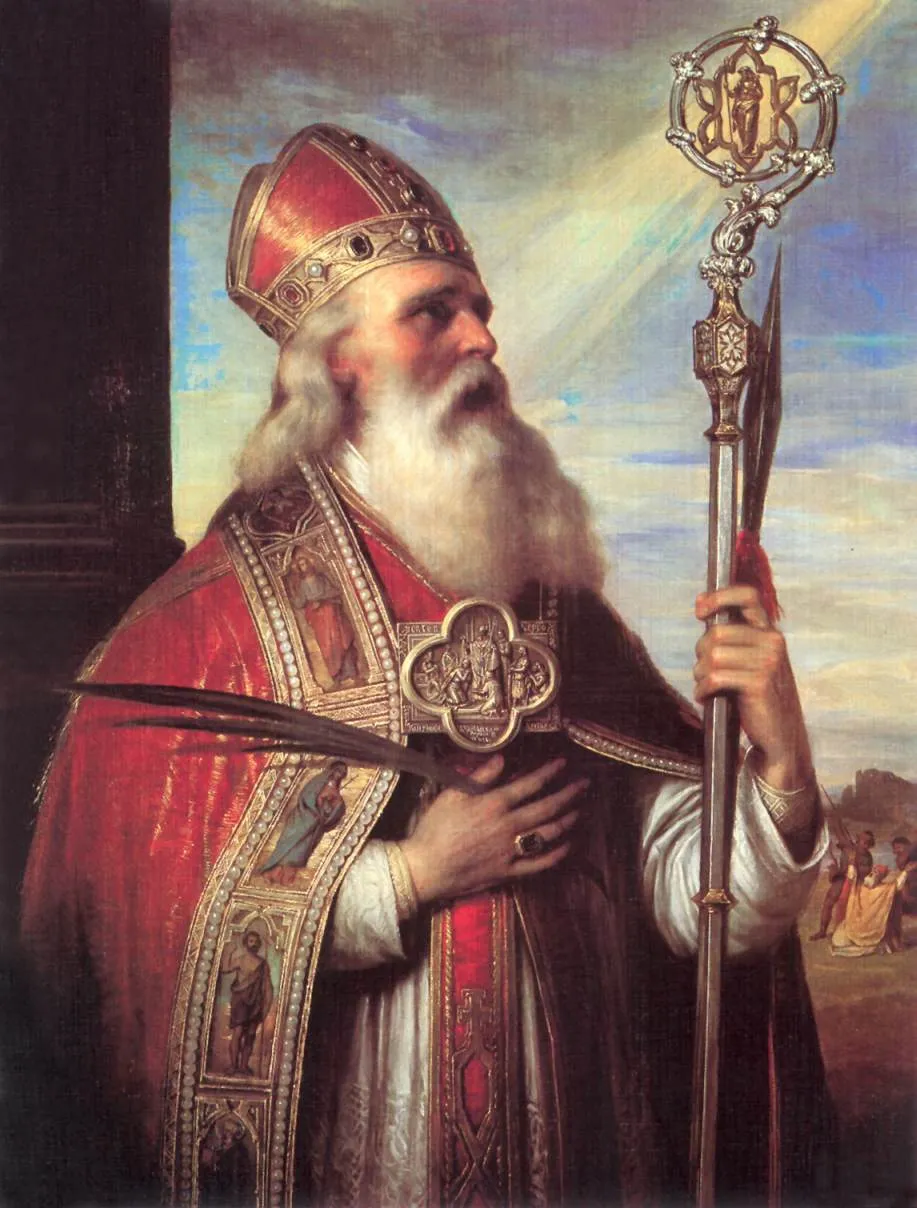 Obraz przedstawiający brodatego biskupa w czerwonych szatach i infule, z ręką na piersi, trzymającego pastorał, włócznie i gałązkę palmową; w tle małe postacie napastników