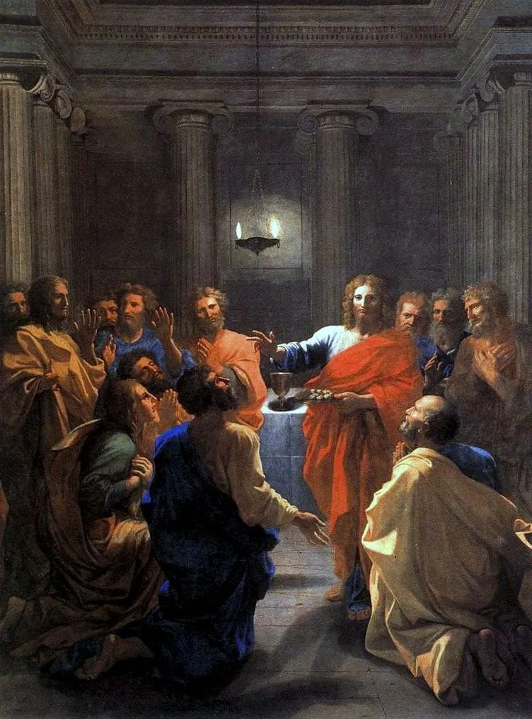 Jezus podczas Ostatniej Wieczerzy rozdający chleb apostołom zgromadzonym przy stole — obraz Nicolasa Poussina