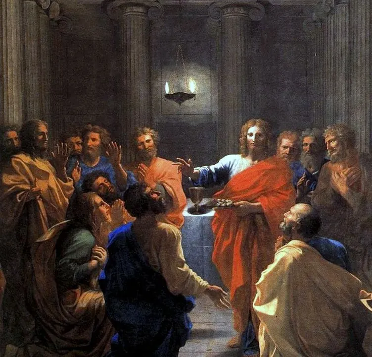 Jezus podczas Ostatniej Wieczerzy rozdający chleb apostołom zgromadzonym przy stole — obraz Nicolasa Poussina