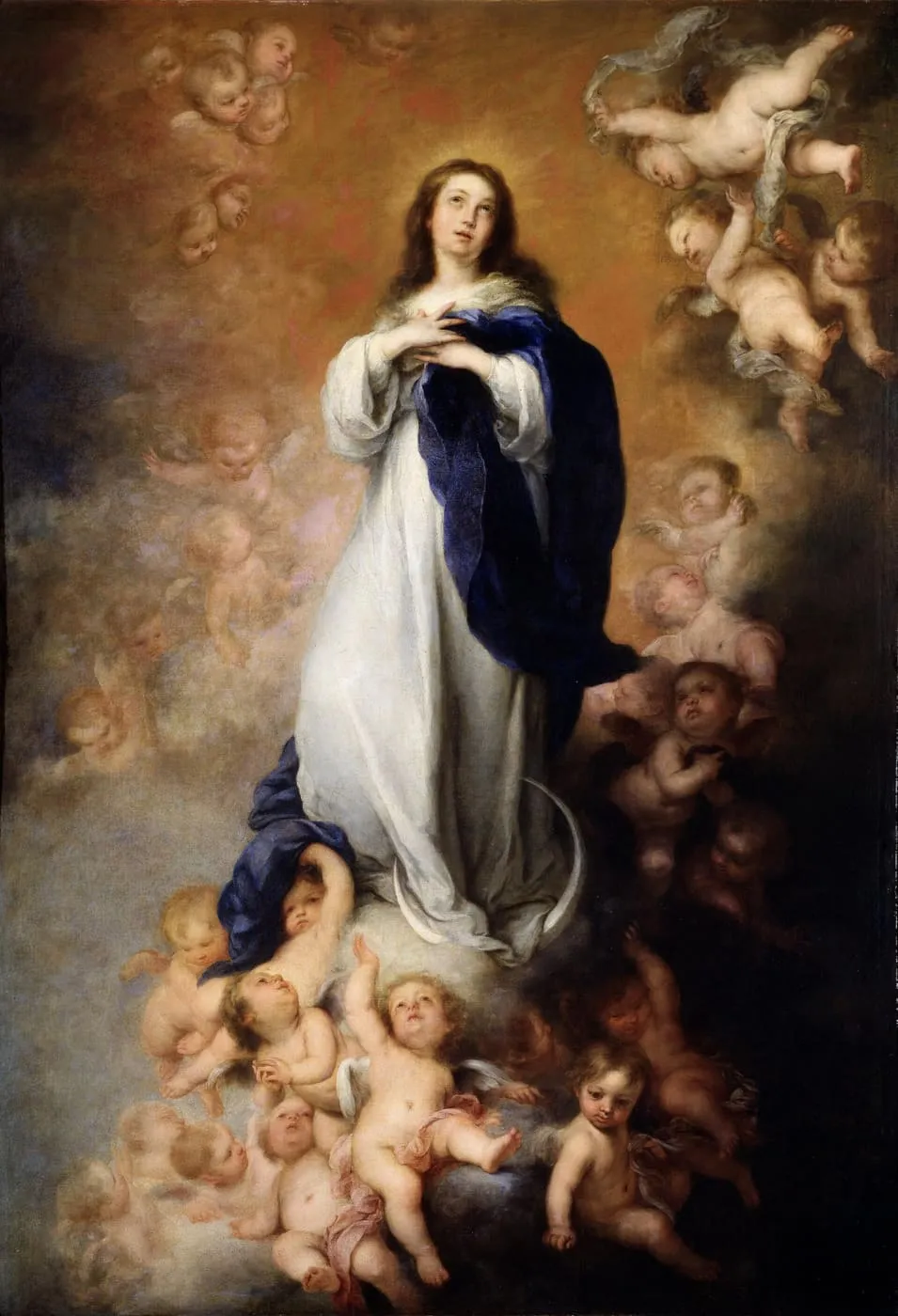 Murillo, Niepokalane Poczęcie (1678, Prado): Maryja w białej sukni i niebieskim płaszczu stoi na sierpie księżyca, z dłońmi na piersi, otoczona aniołkami w obłokach