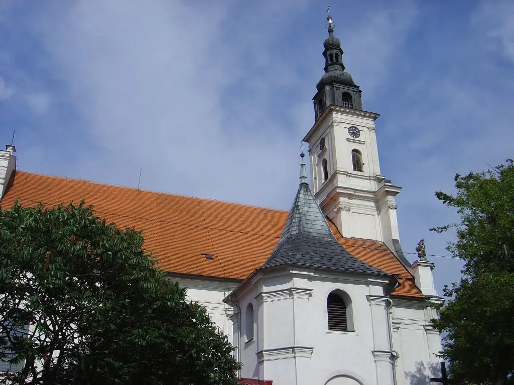 Biała wieża fary w Wolsztynie zwieńczona zieloną, cebulastą kopułą z latarnią, widziana od dołu