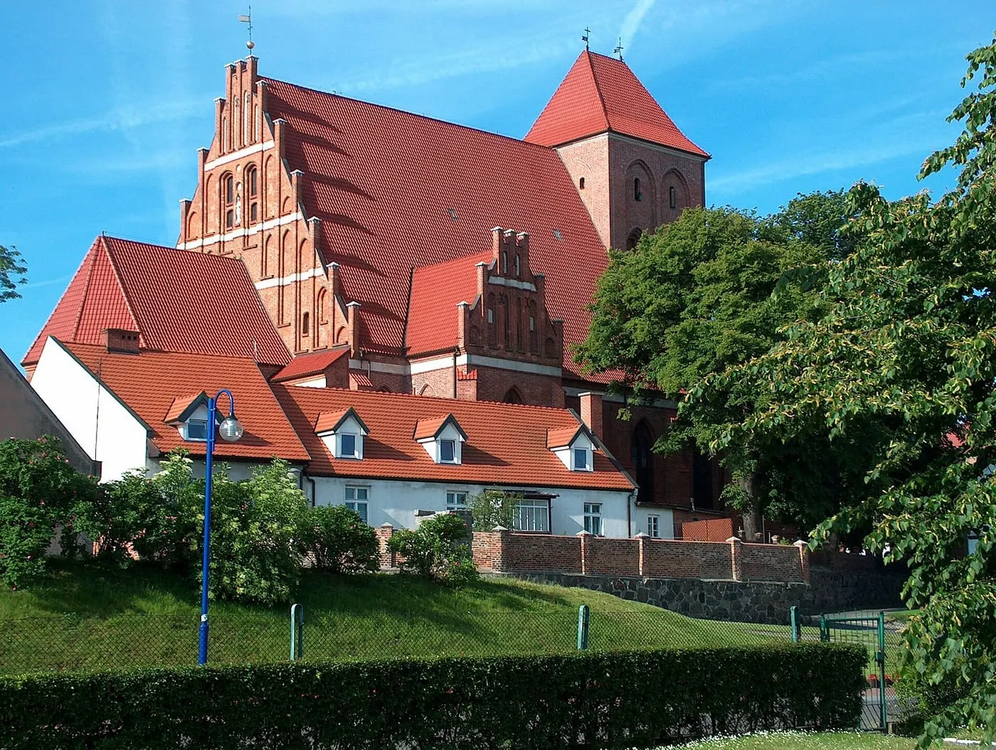 Gotycka fara w Pucku ze stromymi, ceglanymi szczytami i kwadratową wieżą z czerwonym, namiotowym dachem, widziana znad ogrodu