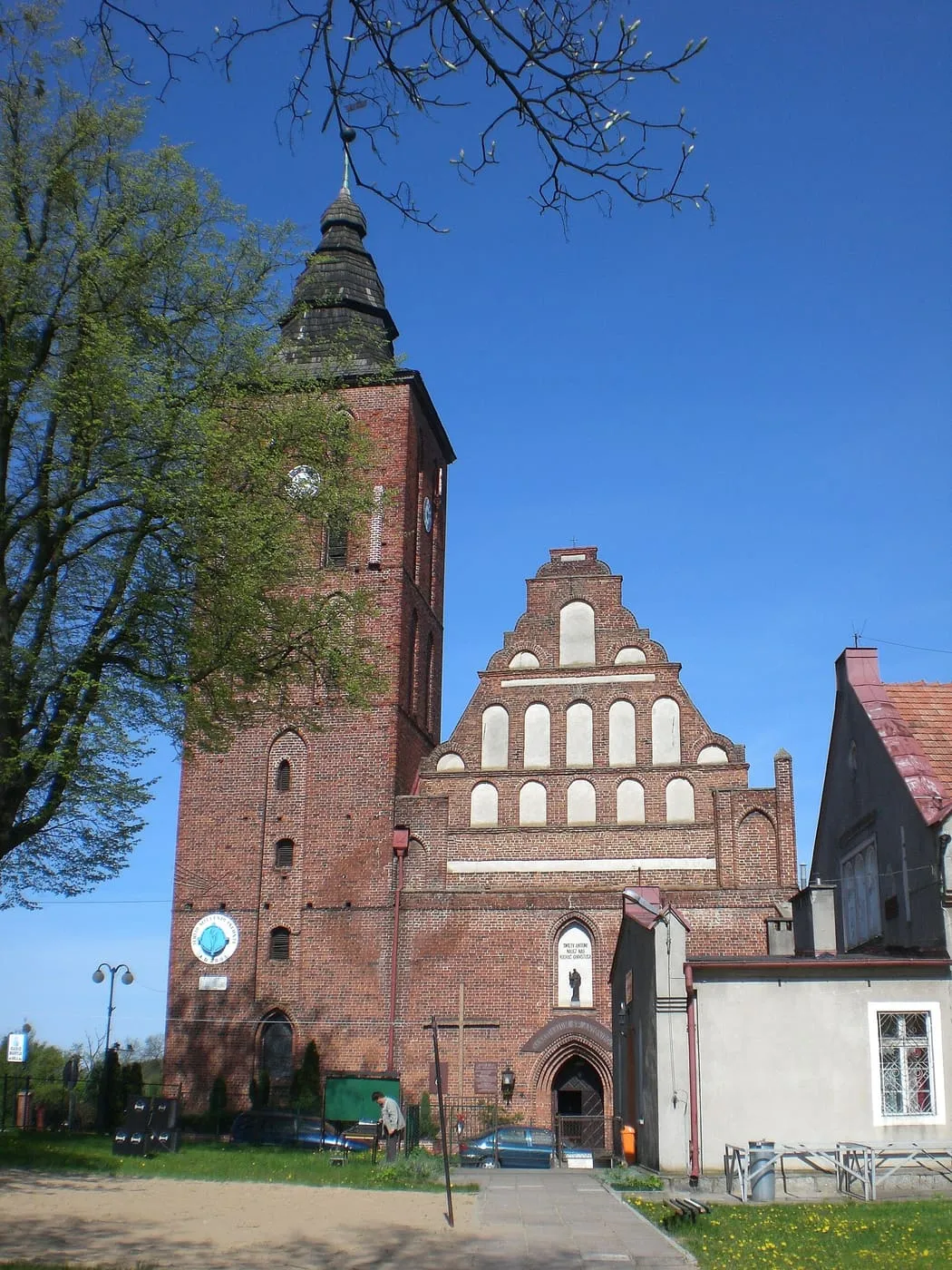 Ceglany, gotycki kościół z wysoką wieżą i schodkowym, ozdobionym blendami szczytem fasady, widziany z ukosa spod gałęzi drzewa, na tle błękitnego nieba