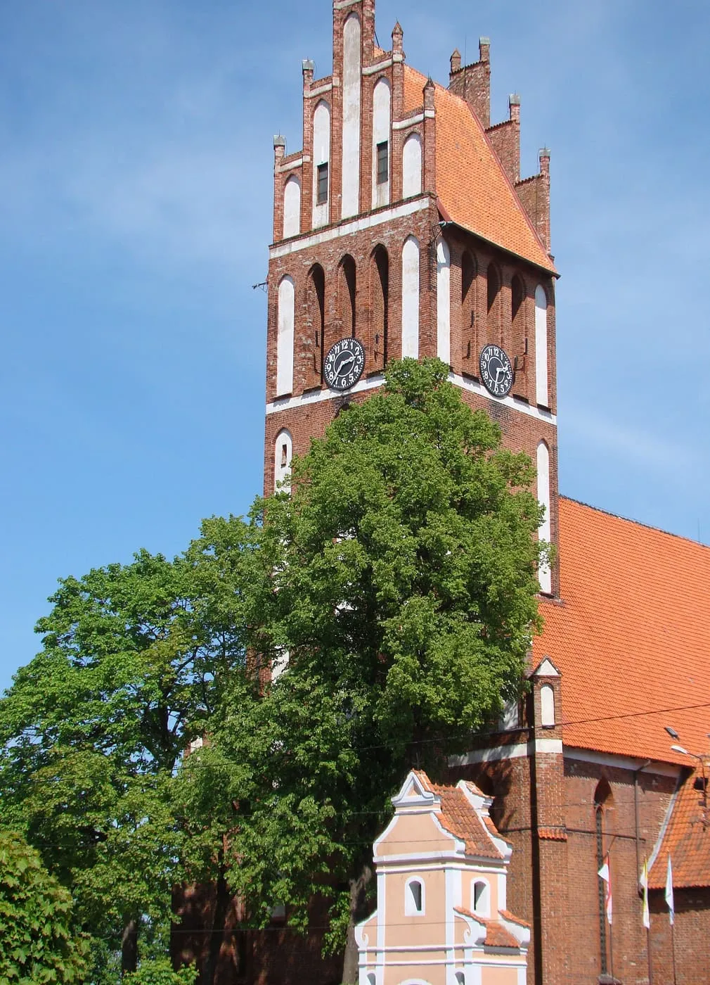 Ceglana wieża z zegarami i ozdobnym, schodkowym szczytem, częściowo zasłonięta koroną drzewa; obok czerwony dach nawy i jasny szczyt dobudówki
