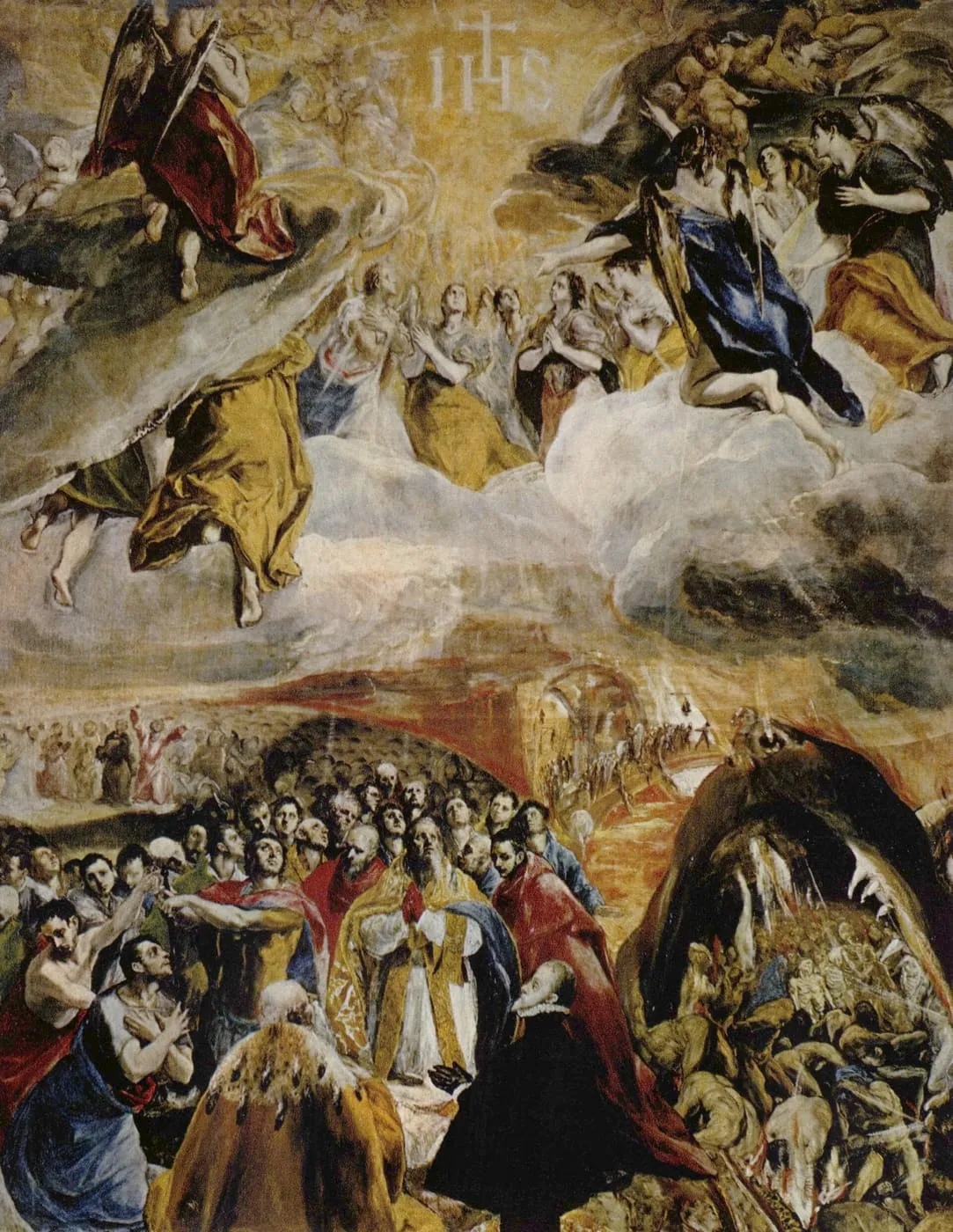 Adoracja Imienia Jezus — w górze monogram IHS w obłokach i aniołowie, niżej modlący się wierni i otwarta paszcza piekieł; obraz El Greca