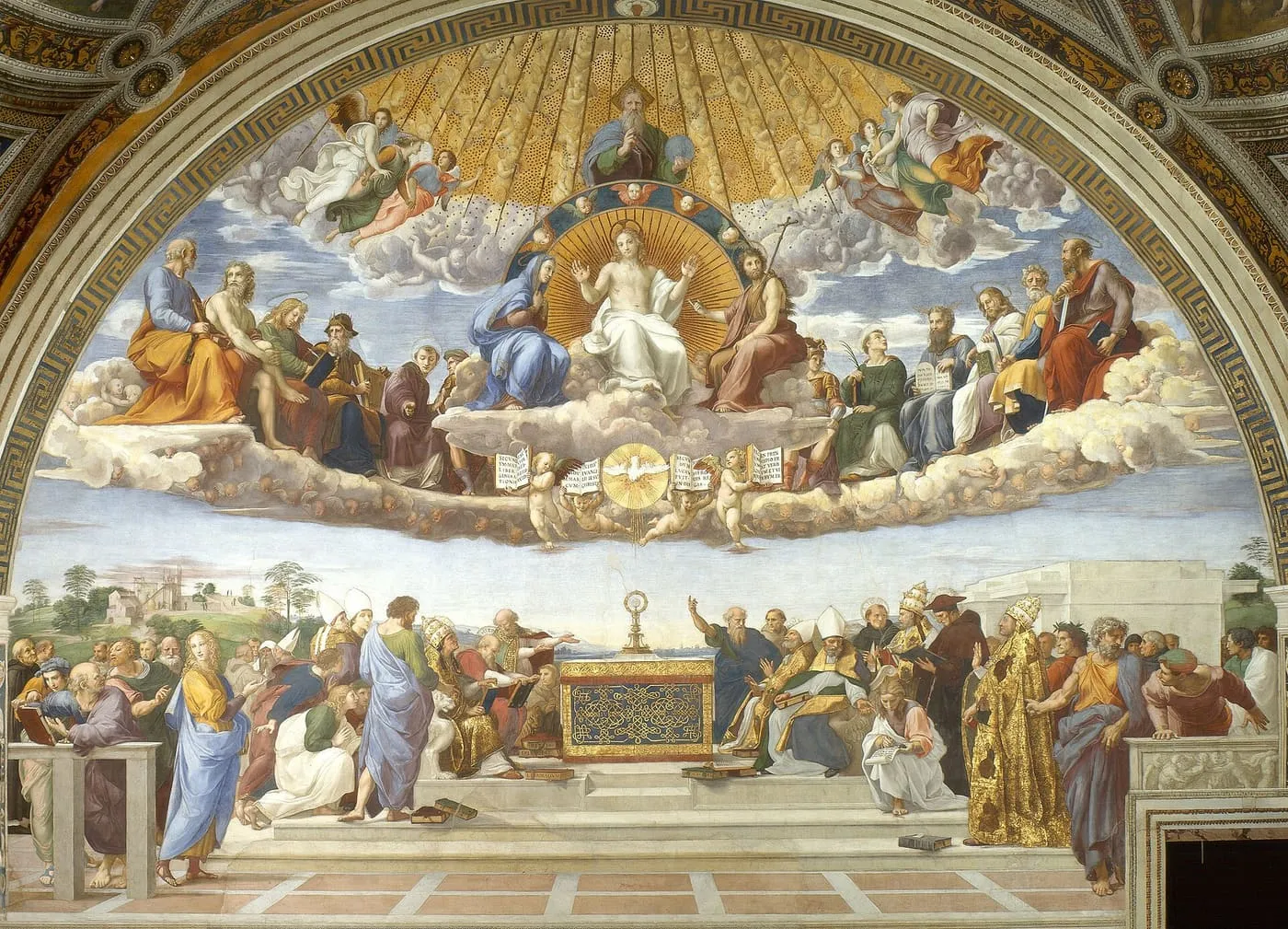 Spór o Najświętszy Sakrament — u dołu teologowie i papieże wokół ołtarza z monstrancją, w górze Chrystus w otoczeniu świętych; fresk Rafaela w Watykanie