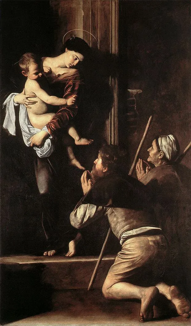 Matka Boża z Dzieciątkiem w drzwiach domu, przed którą klęczą ubodzy pielgrzymi — obraz Caravaggia „Madonna Loretańska”
