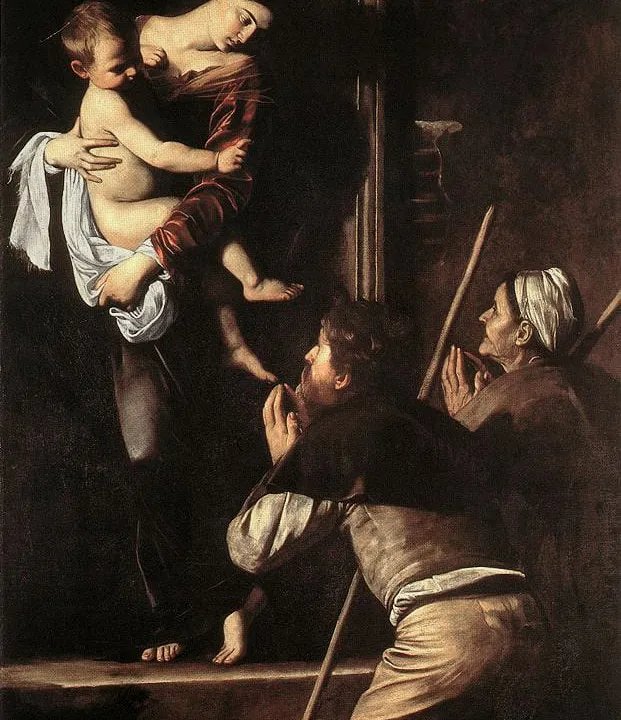 Matka Boża z Dzieciątkiem w drzwiach domu, przed którą klęczą ubodzy pielgrzymi — obraz Caravaggia „Madonna Loretańska”