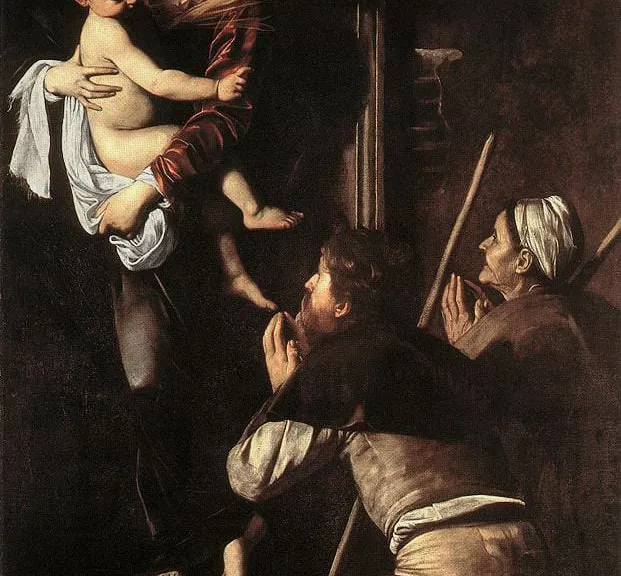 Matka Boża z Dzieciątkiem w drzwiach domu, przed którą klęczą ubodzy pielgrzymi — obraz Caravaggia „Madonna Loretańska”