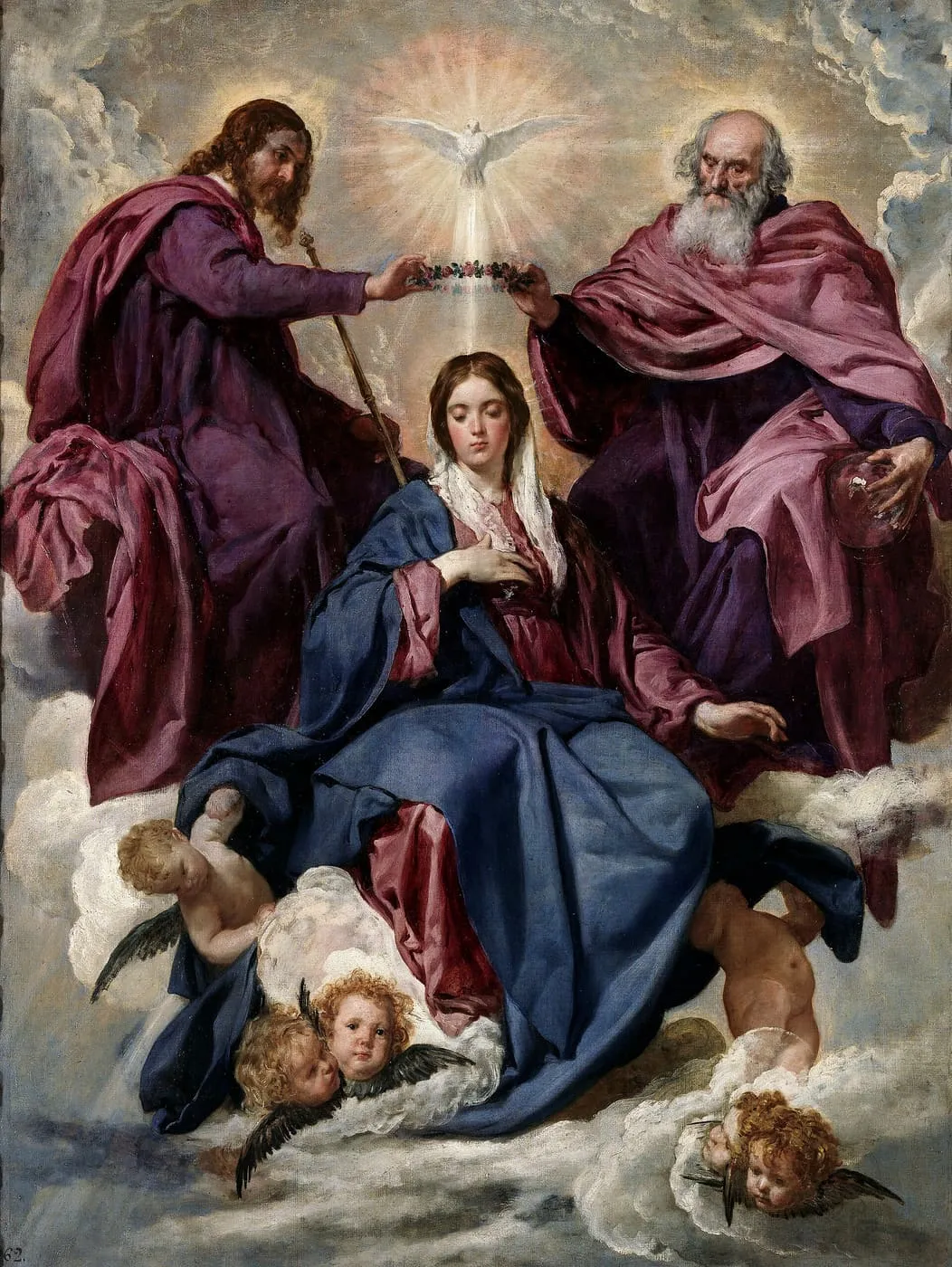 Koronacja Maryi — Bóg Ojciec i Chrystus razem wkładają koronę na głowę Maryi, nad nimi Duch Święty w postaci gołębicy; obraz Diega Velázqueza