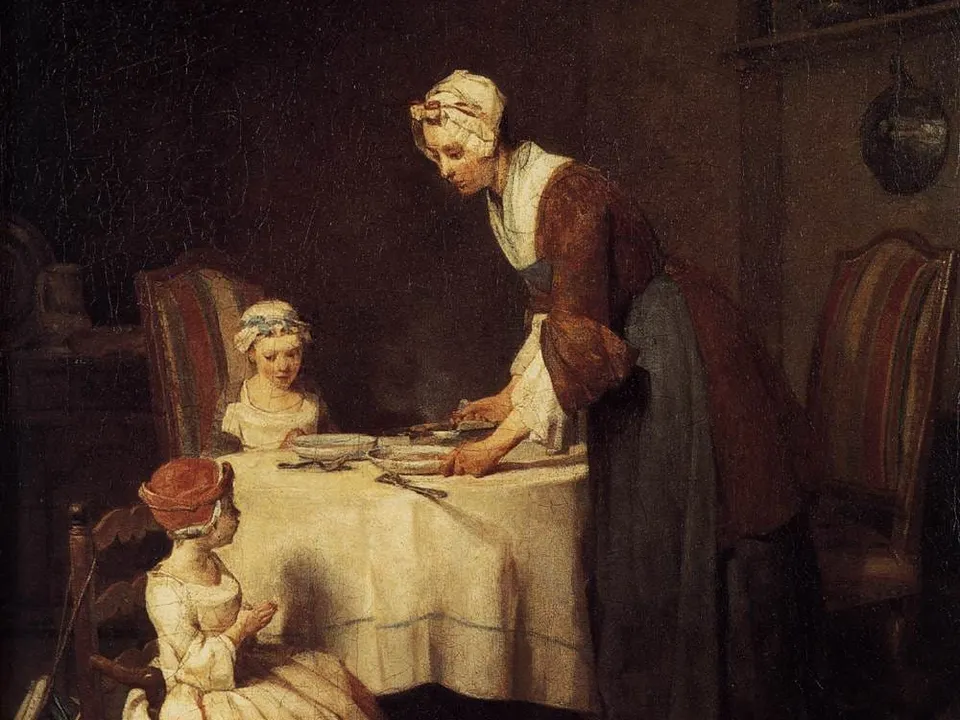 Matka nakrywa do stołu, a dwoje dzieci odmawia modlitwę przed posiłkiem — „Modlitwa przed posiłkiem” Jeana-Baptiste’a Siméona Chardina z 1740 roku