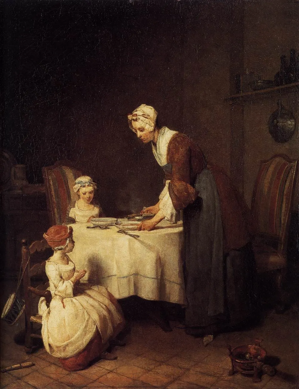 Matka nakrywa do stołu, a dwoje dzieci odmawia modlitwę przed posiłkiem — „Modlitwa przed posiłkiem” Jeana-Baptiste’a Siméona Chardina z 1740 roku