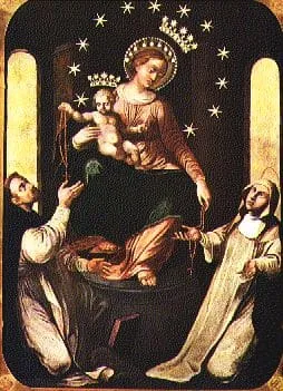 Ikona Matki Bożej Różańcowej z Pompejów z Dzieciątkiem, w otoczeniu świętego Dominika i świętej Katarzyny
