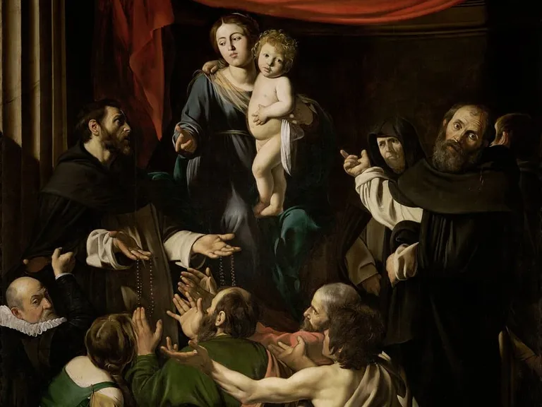 Matka Boża z Dzieciątkiem wręczająca różaniec świętemu Dominikowi w otoczeniu wiernych — obraz Caravaggia z 1607 roku