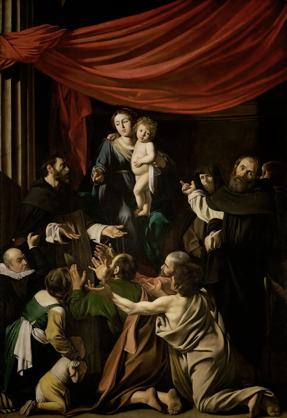 Matka Boża z Dzieciątkiem wręczająca różaniec świętemu Dominikowi w otoczeniu wiernych — obraz Caravaggia z 1607 roku