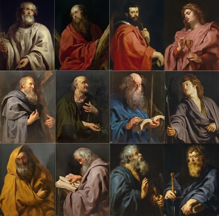 Dwanaście portretów apostołów ułożonych w siatce, każdy z własnym atrybutem — cykl obrazów Petera Paula Rubensa