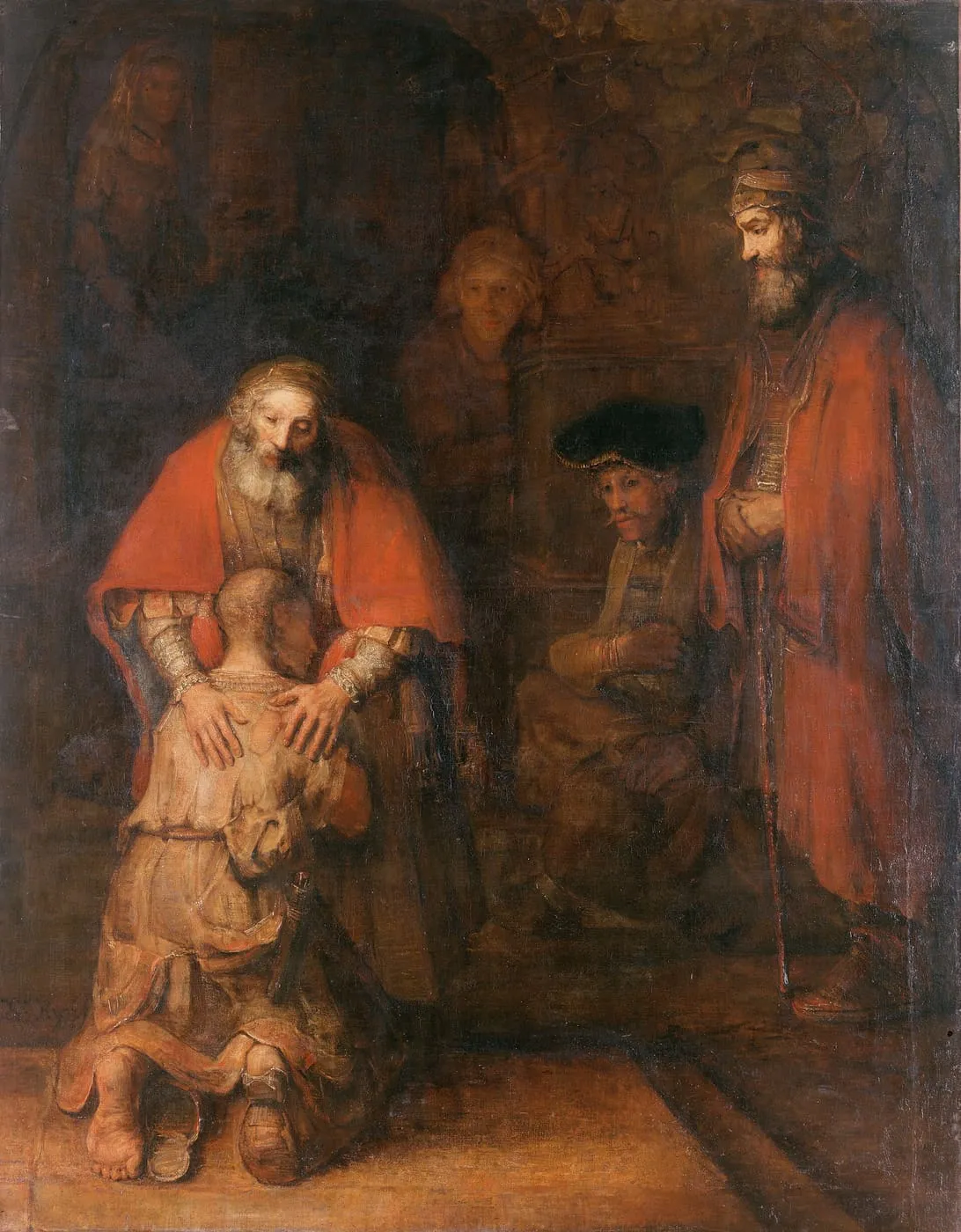 Ojciec obejmuje klęczącego, wychudzonego syna marnotrawnego, a obok stoją świadkowie sceny — „Powrót syna marnotrawnego” Rembrandta z około 1669 roku