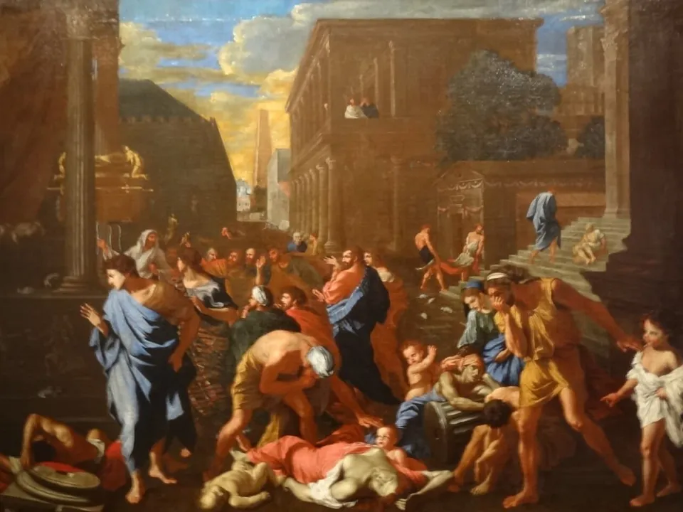 Mieszkańcy antycznego miasta dotknięci zarazą pośród klasycznej architektury — obraz Nicolasa Poussina „Zaraza w Azocie”