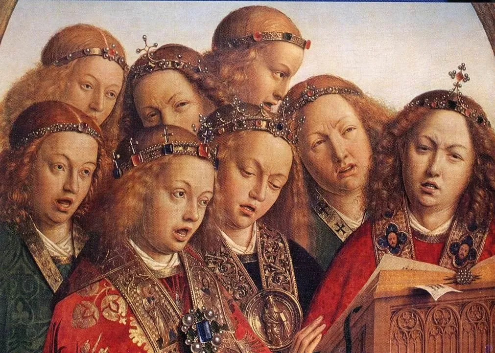 Śpiewający aniołowie w bogatych szatach i koronach, z otwartą księgą nut — fragment Ołtarza Gandawskiego Jana van Eycka