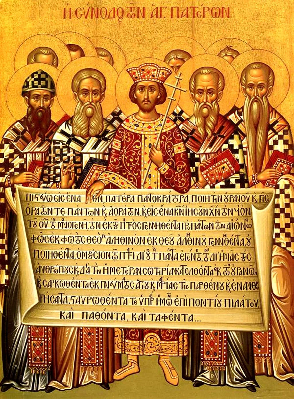 Cesarz Konstantyn i biskupi soboru nicejskiego trzymają zwój z początkiem greckiego tekstu Credo — ikona